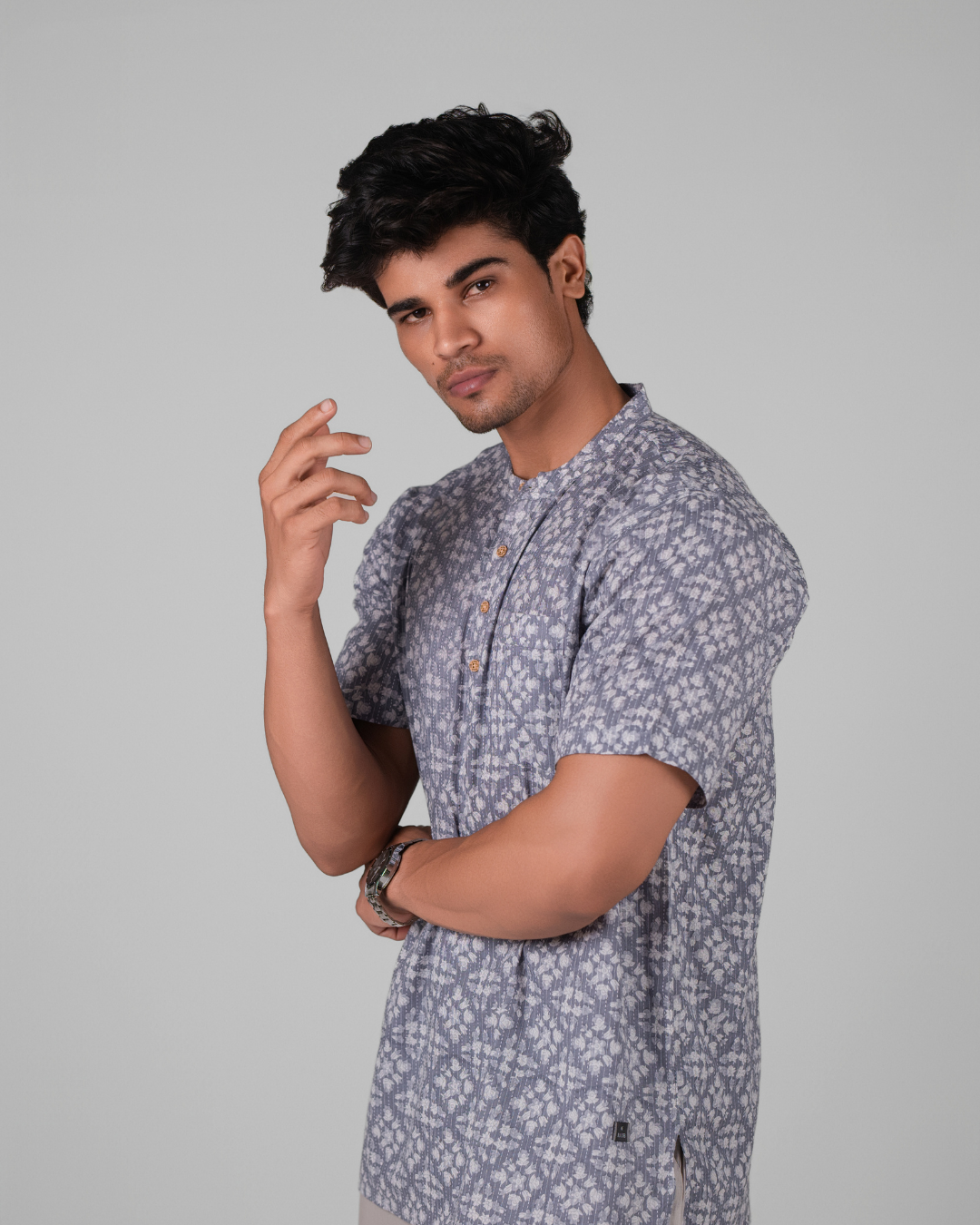 Ash Grey Kantha Print Bushirt for Men