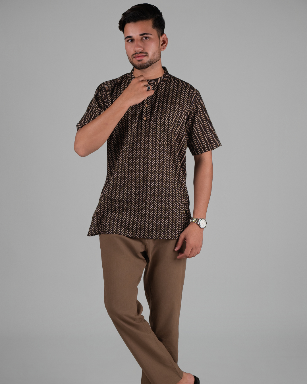 Brown Abstract Printed Bushirt for Men