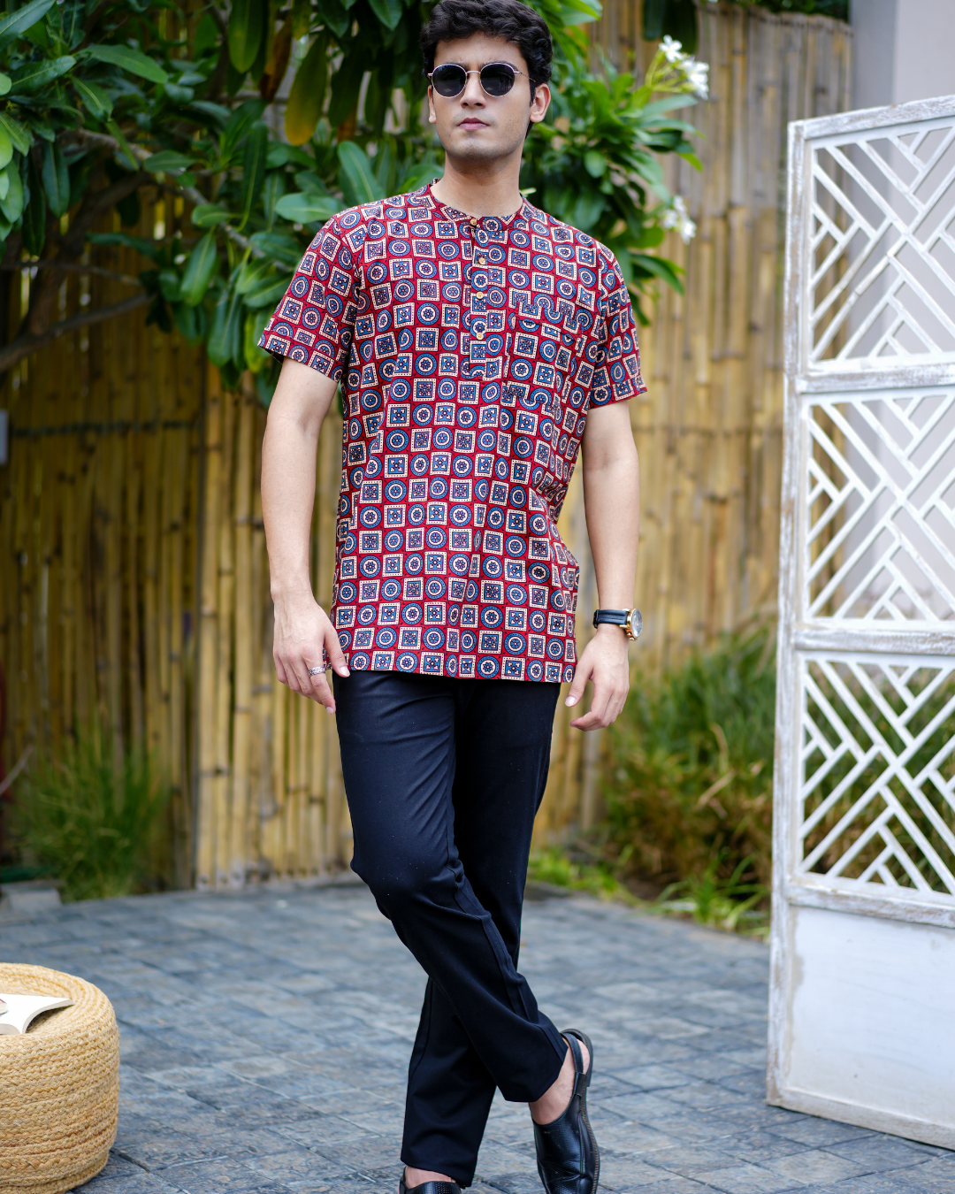 Red Ajrak Pure Cotton Bushirt for Men
