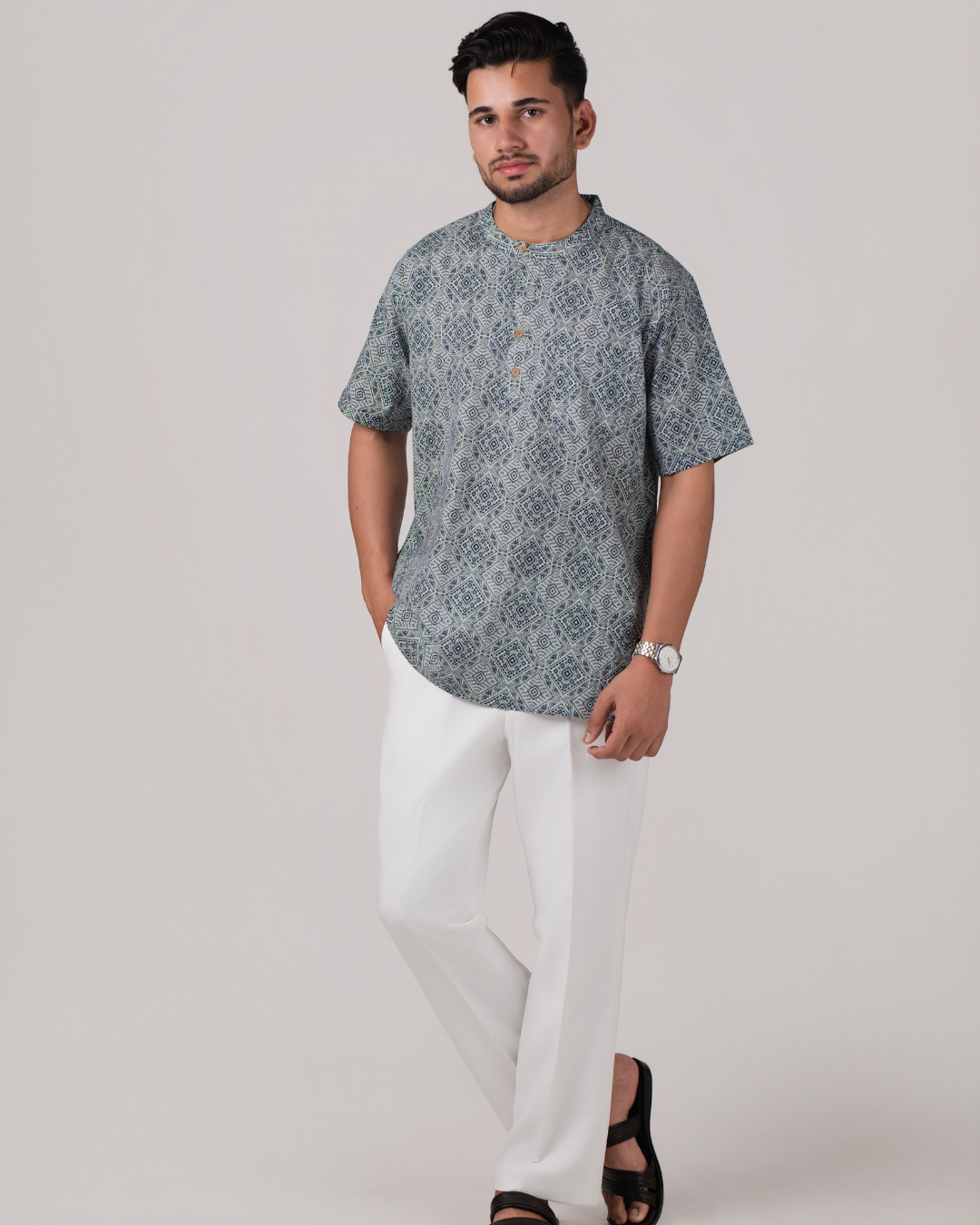 Ink Grey Abstract Print Bushirt for Men