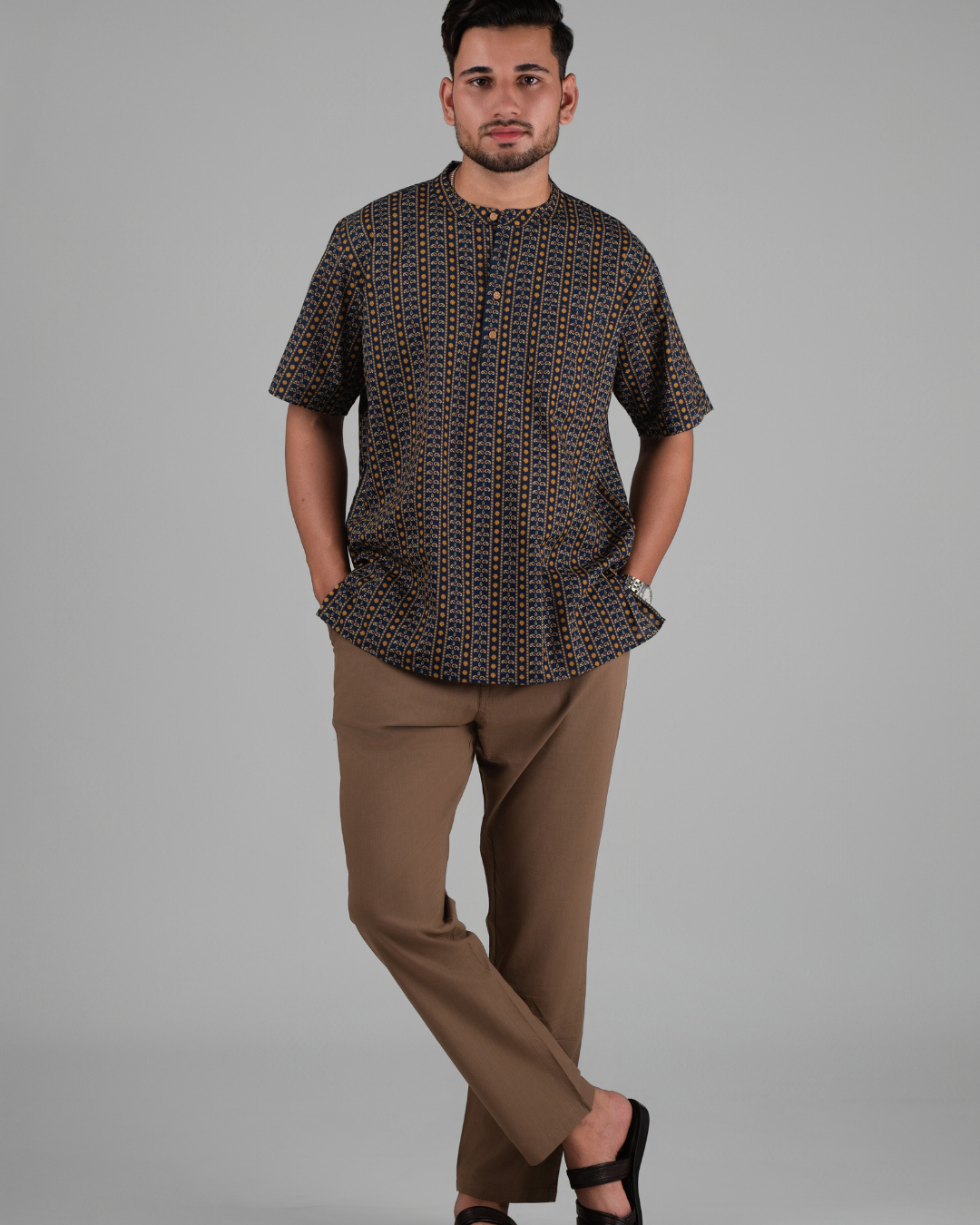 Navy Blue Paisley Printed Bushirt for Men