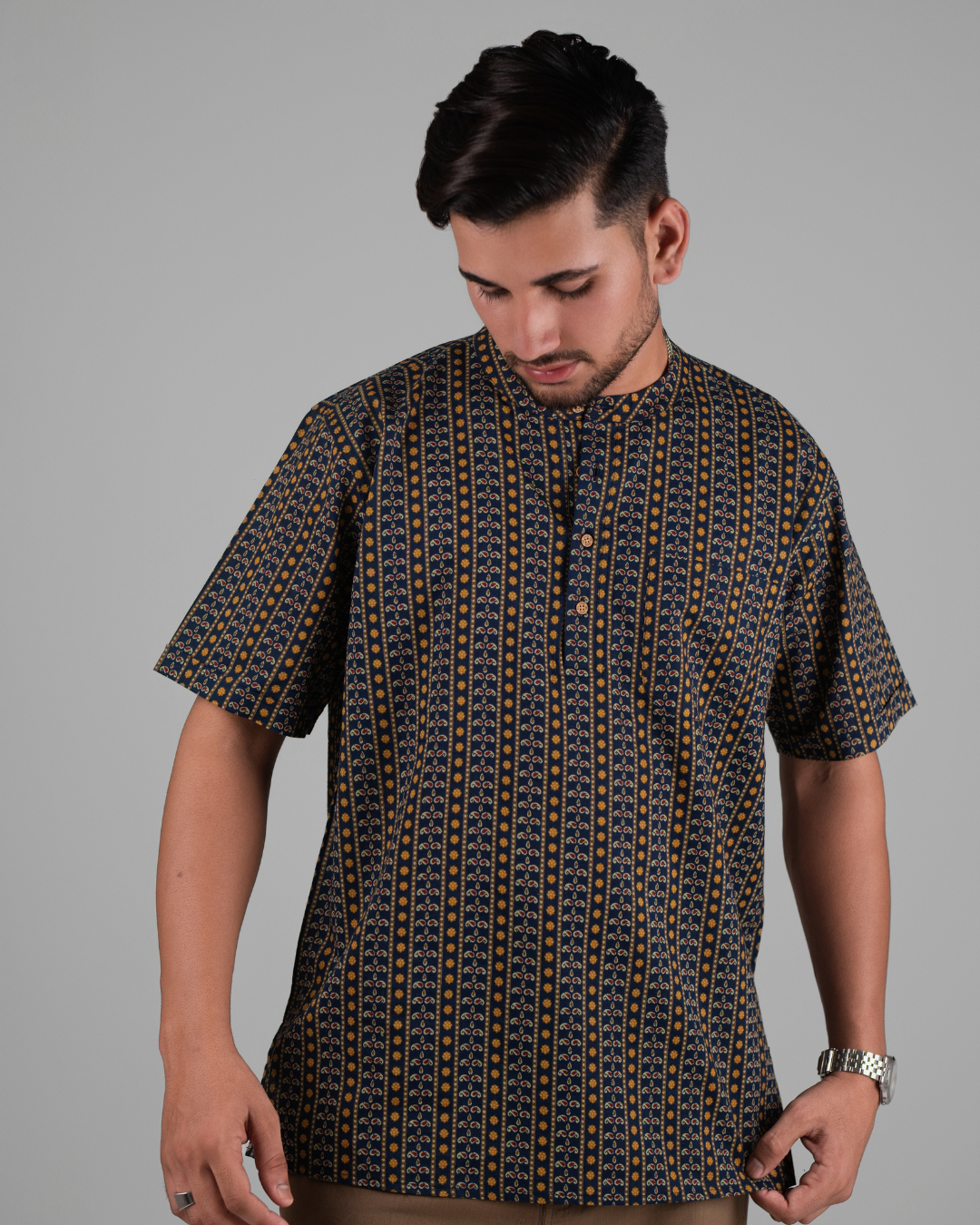 Navy Blue Paisley Printed Bushirt for Men