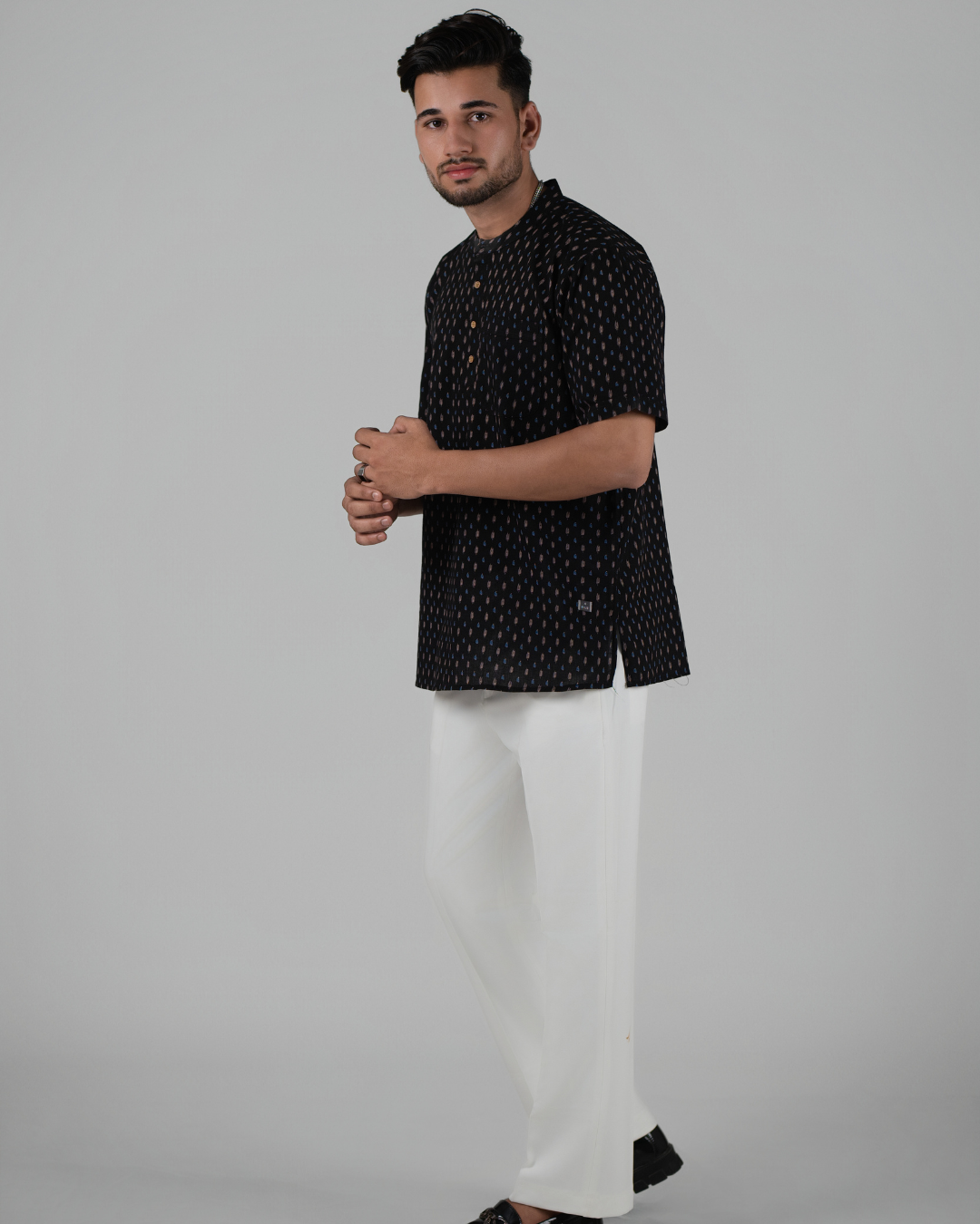 Deep Black Geometric Printed Bushirt for Men