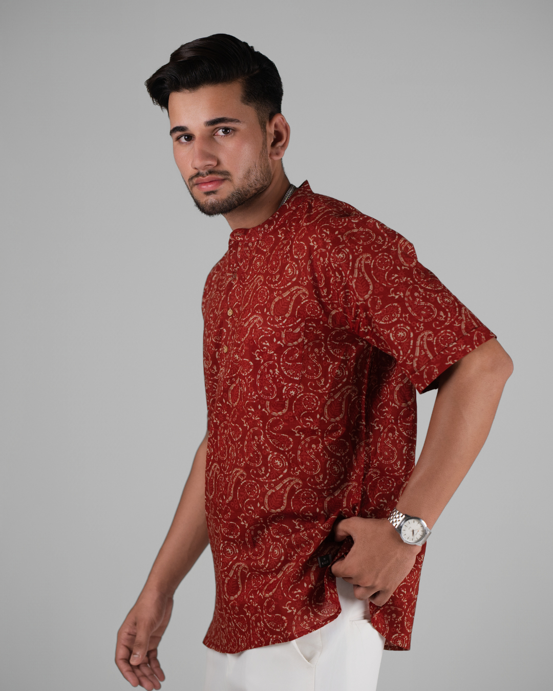Cherry Red Paisley Printed Bushirt for Men
