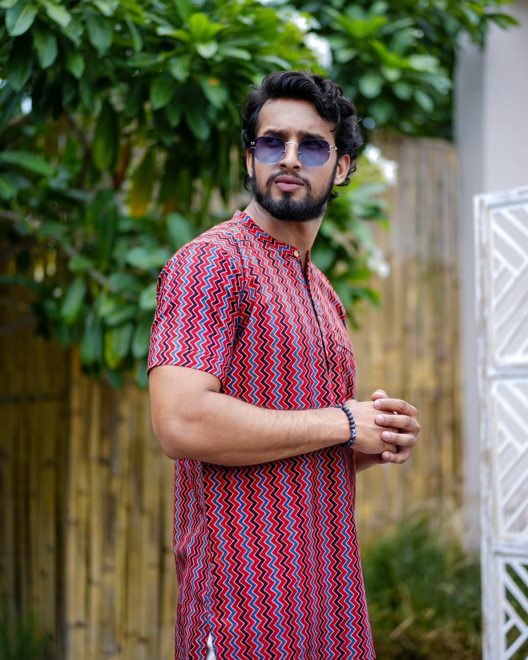 Red Abstract Pure Cotton Bushirt for Men