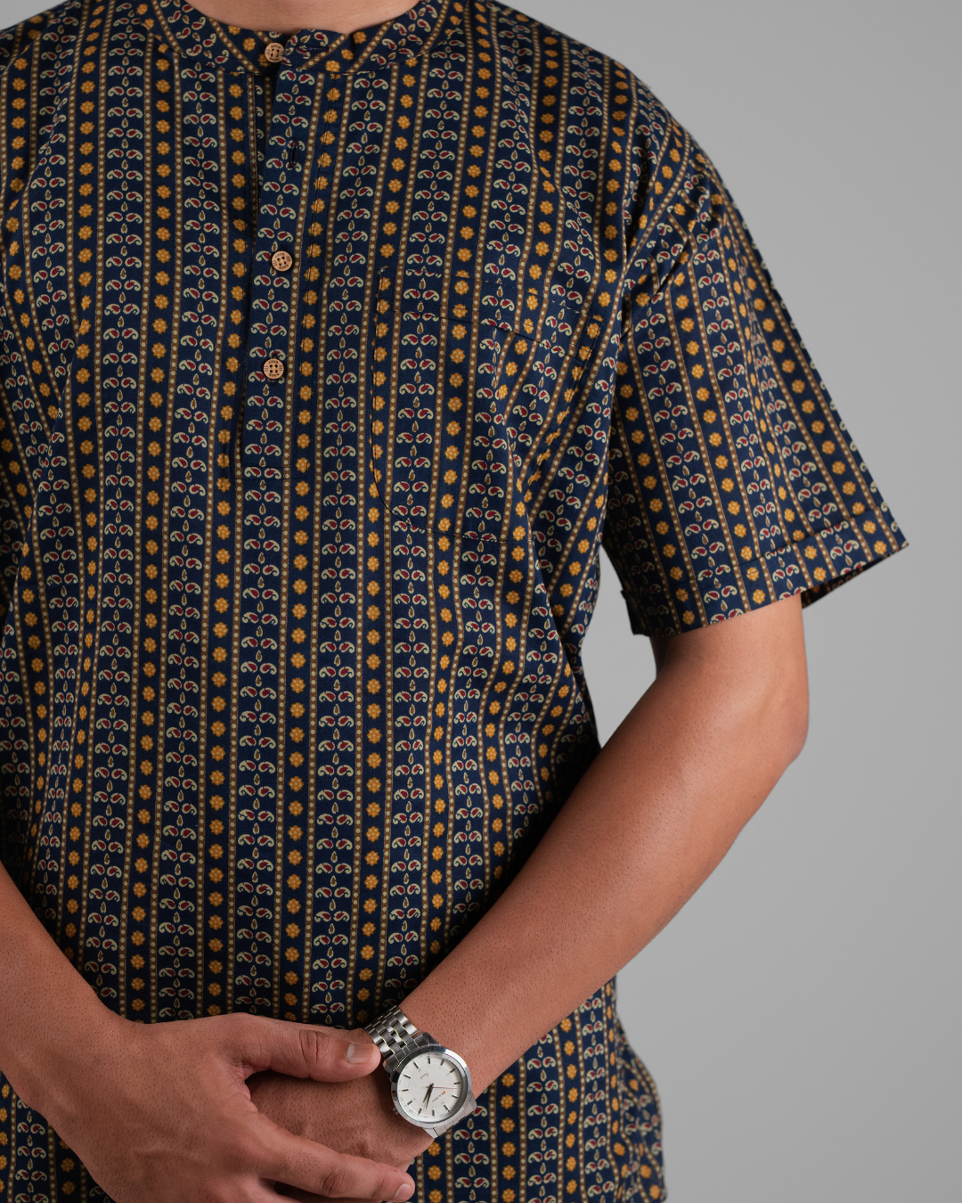 Navy Blue Paisley Printed Bushirt for Men