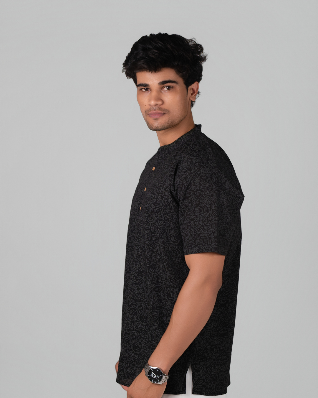 Noir Black Bloom Print Bushirt for Men