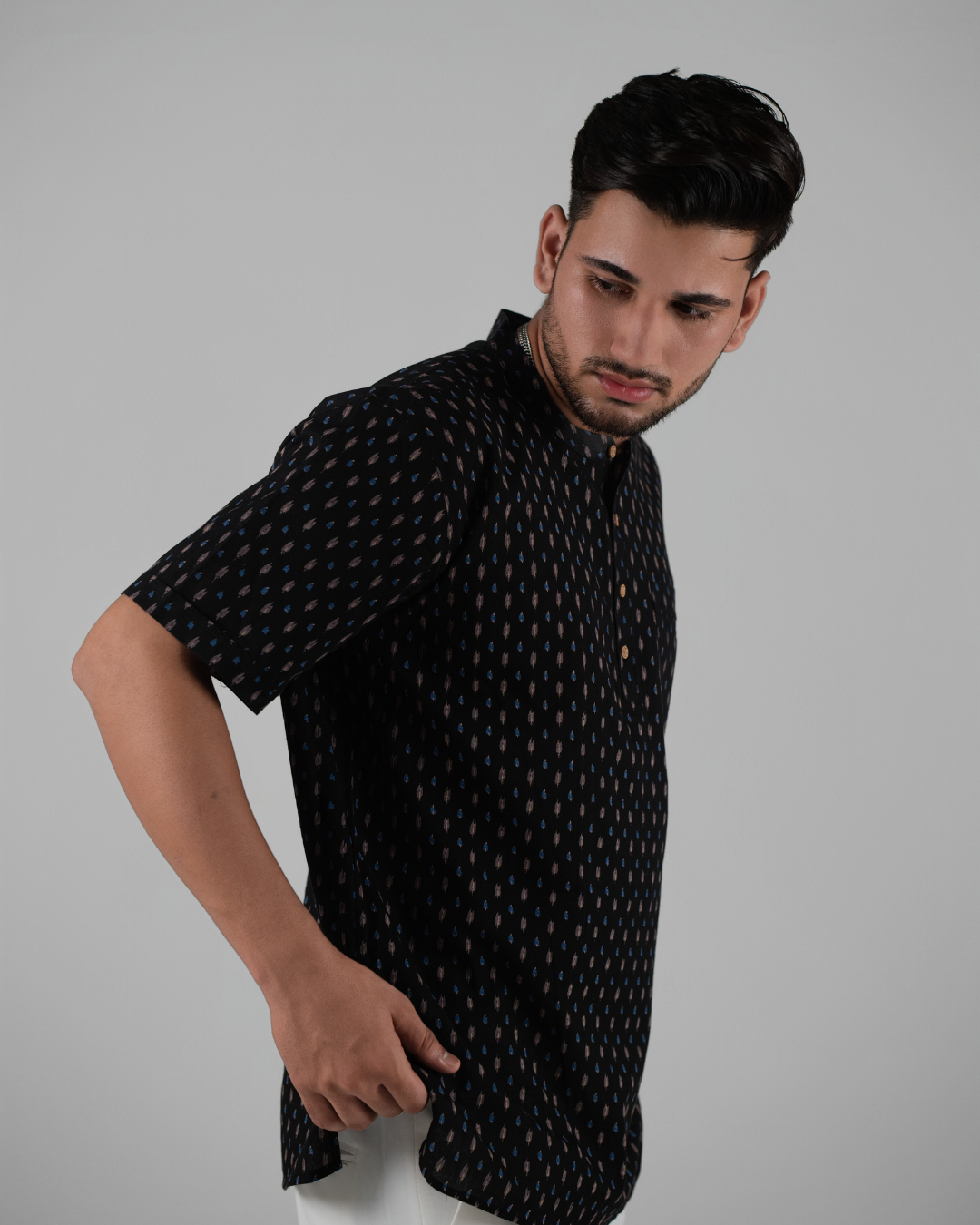 Deep Black Geometric Printed Bushirt for Men