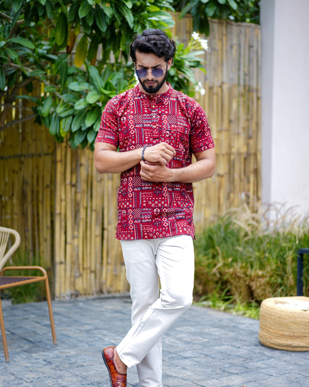 Red Ajrak Pure Cotton Bushirt for Men