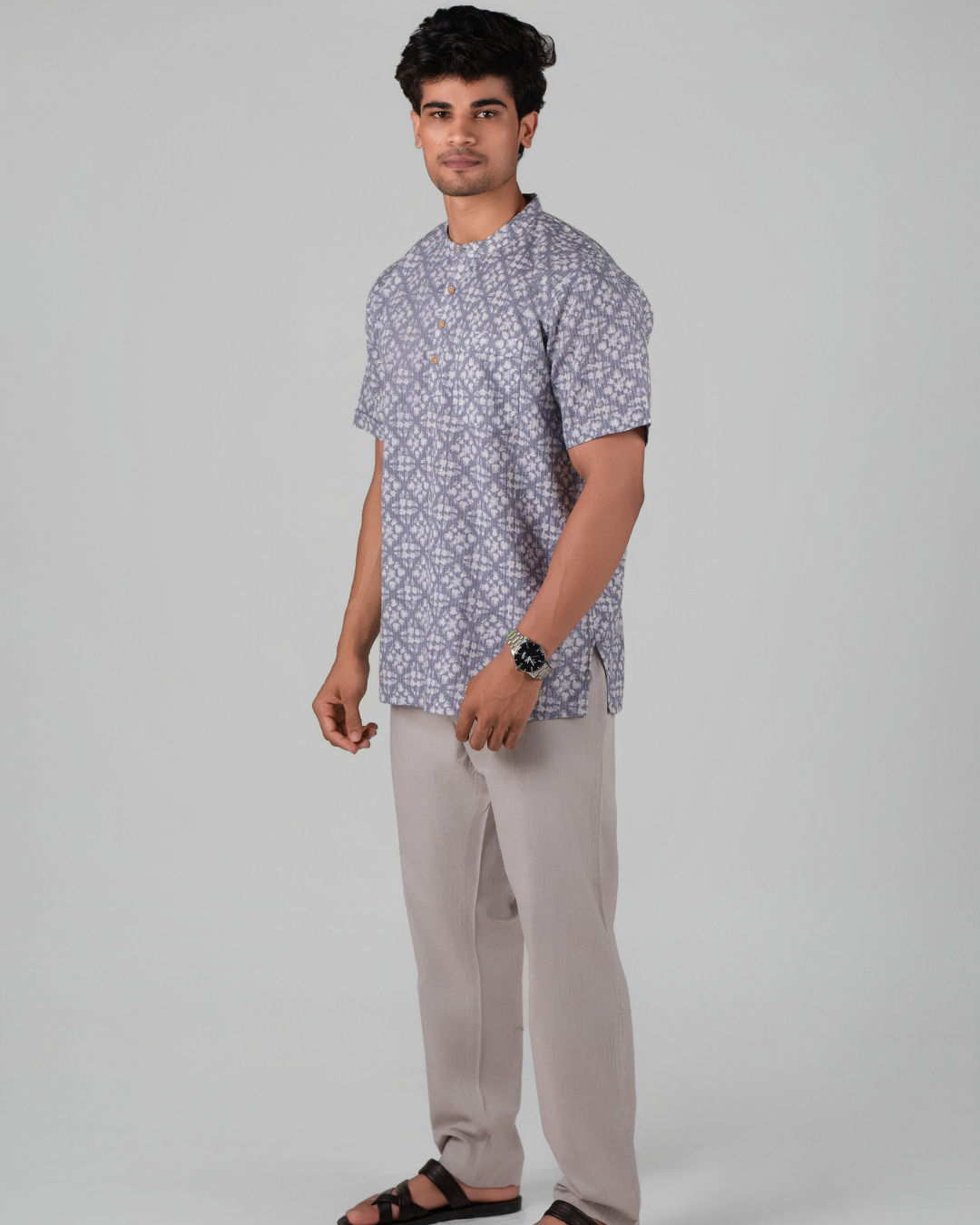 Ash Grey Kantha Print Bushirt for Men
