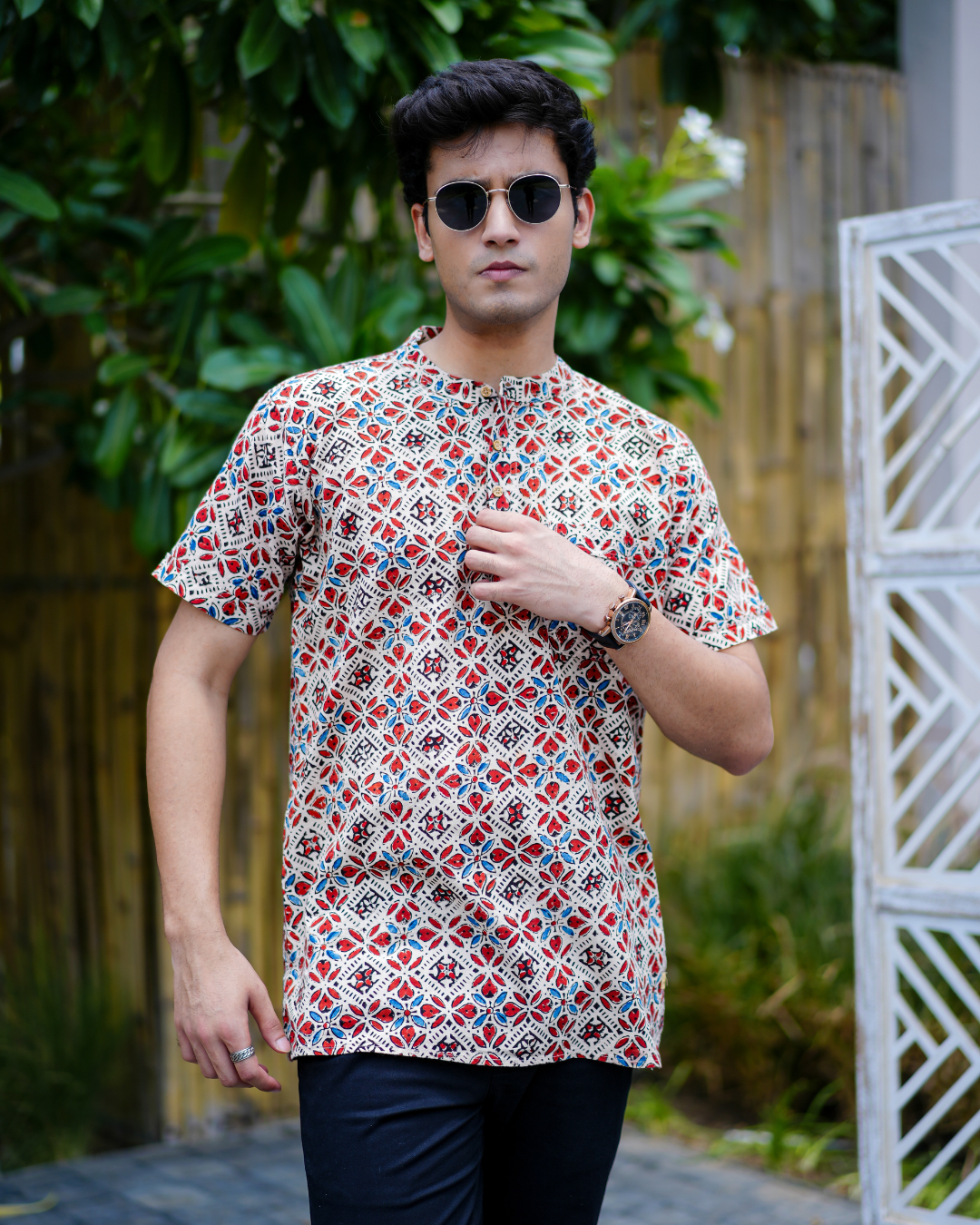 Beige Ajrak Pure Cotton Bushirt for Men