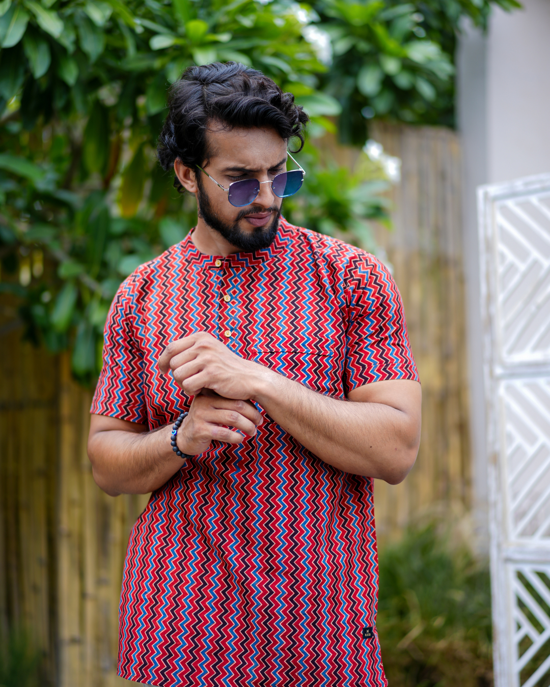 Red Abstract Pure Cotton Bushirt for Men