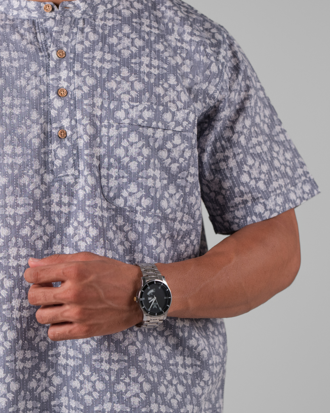 Ash Grey Kantha Print Bushirt for Men