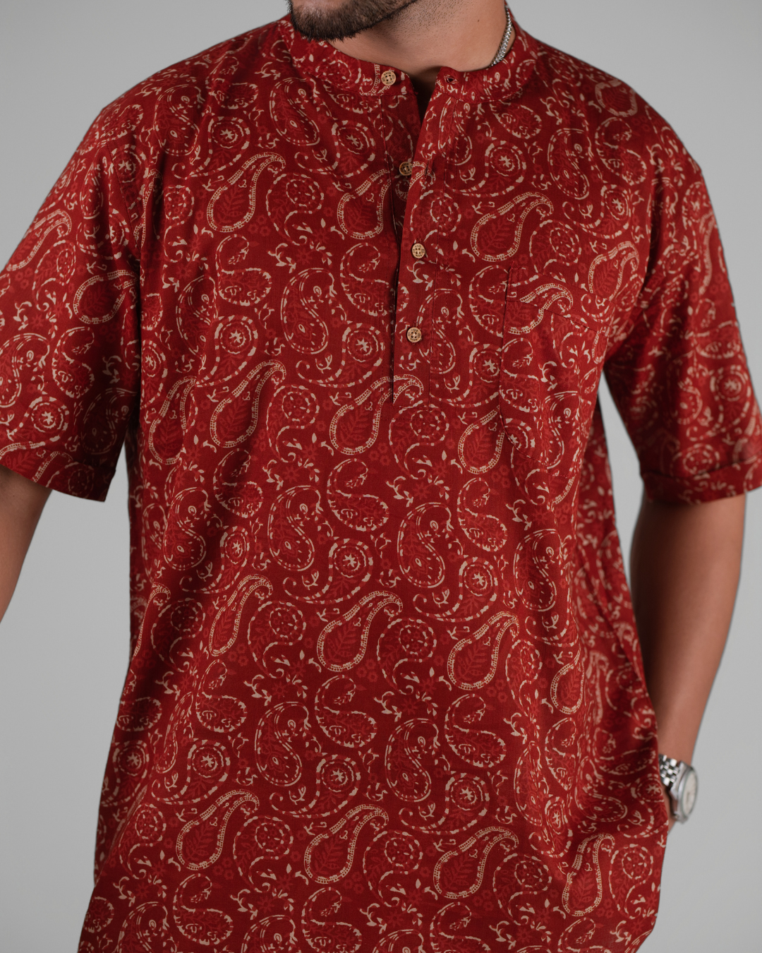 Cherry Red Paisley Printed Bushirt for Men