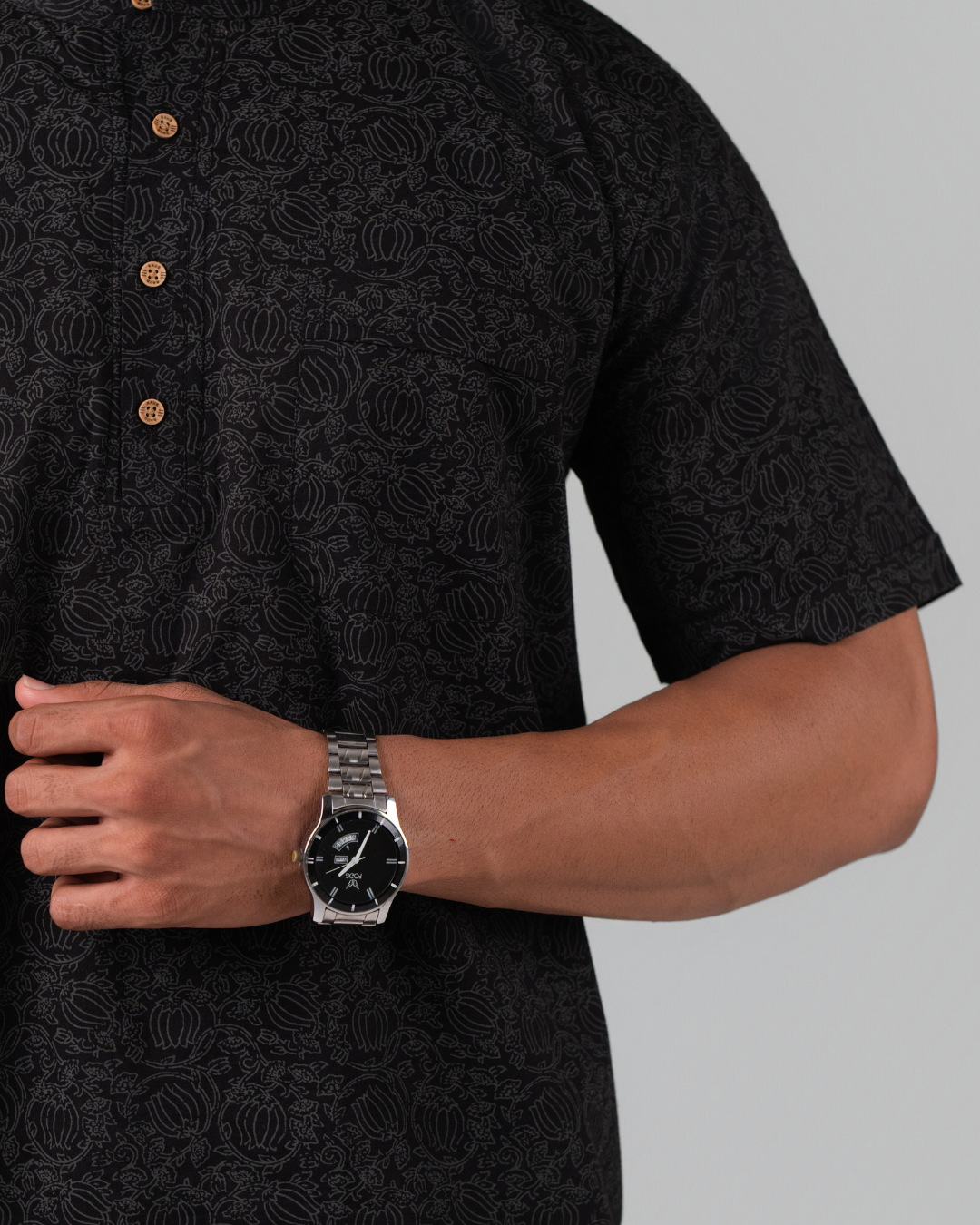 Noir Black Bloom Print Bushirt for Men