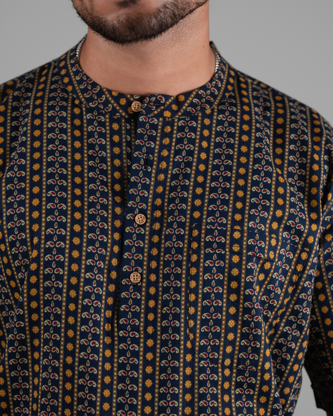 Navy Blue Paisley Printed Bushirt for Men