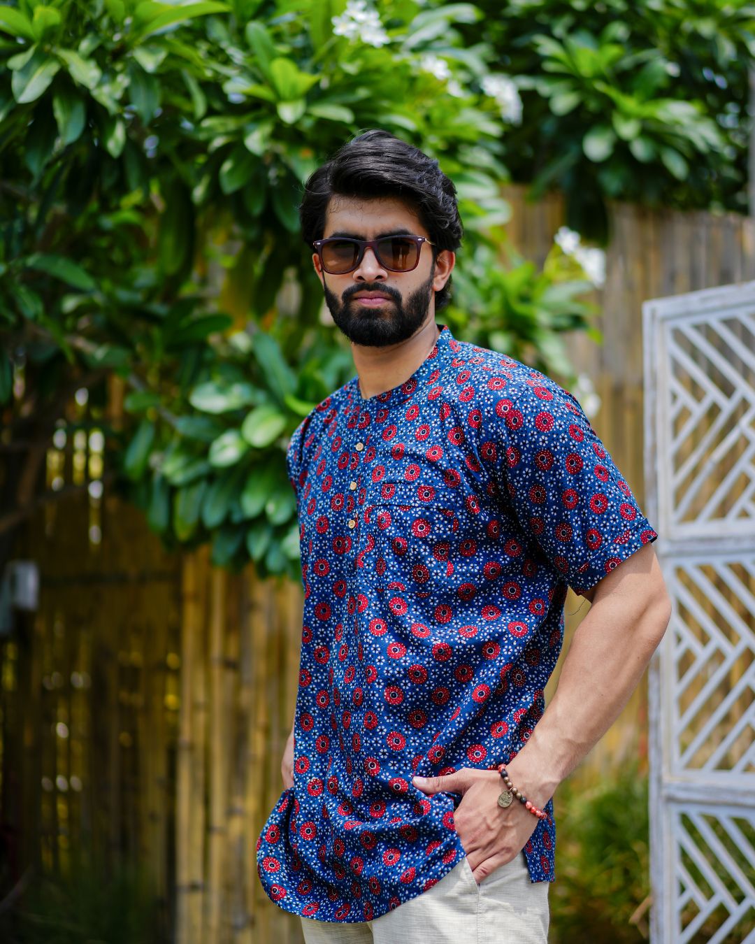 Blue Ajrak Pure Cotton Bushirt for Men