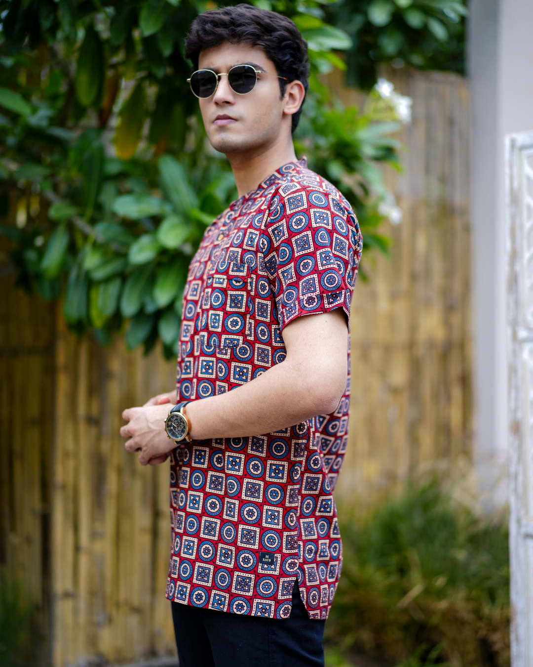 Red Ajrak Pure Cotton Bushirt for Men