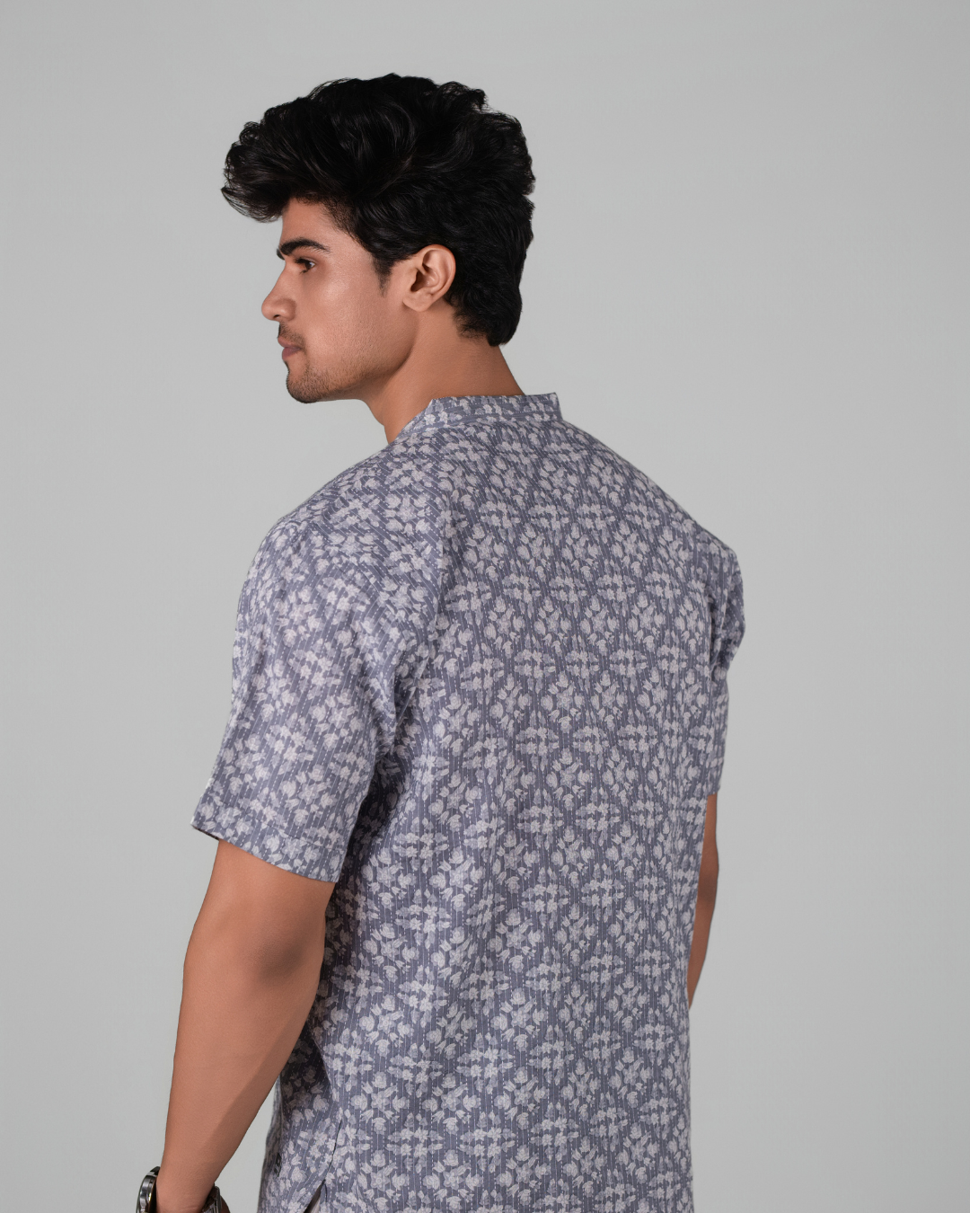 Ash Grey Kantha Print Bushirt for Men