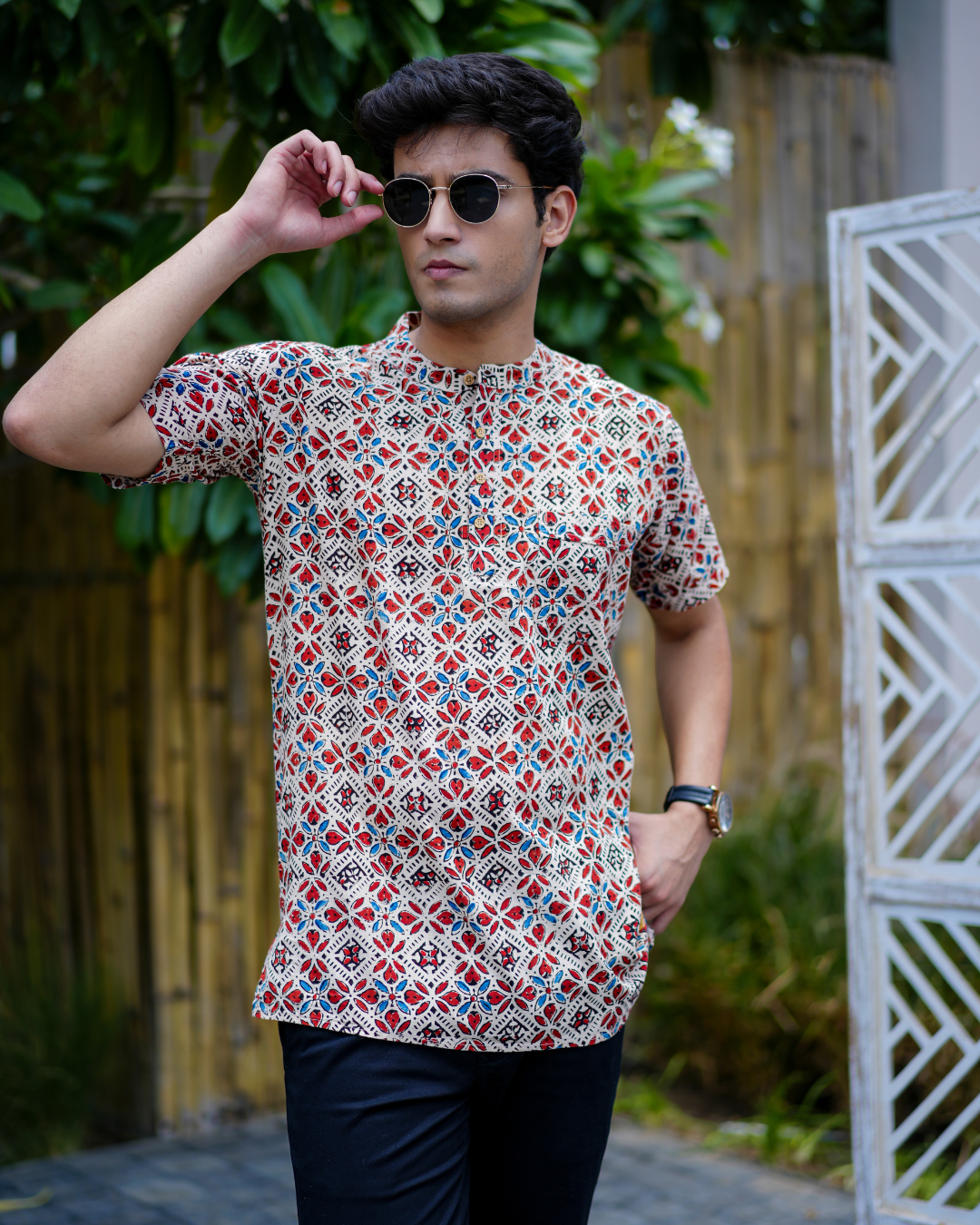 Beige Ajrak Pure Cotton Bushirt for Men