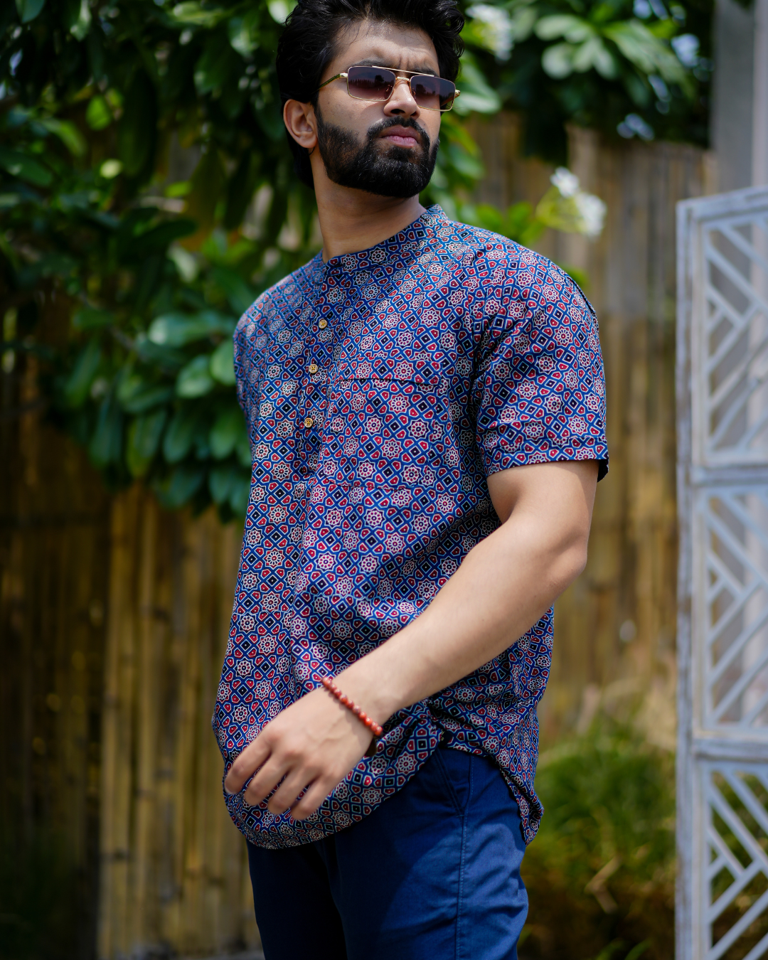 Blue Ajrak Pure Cotton Bushirt for Men