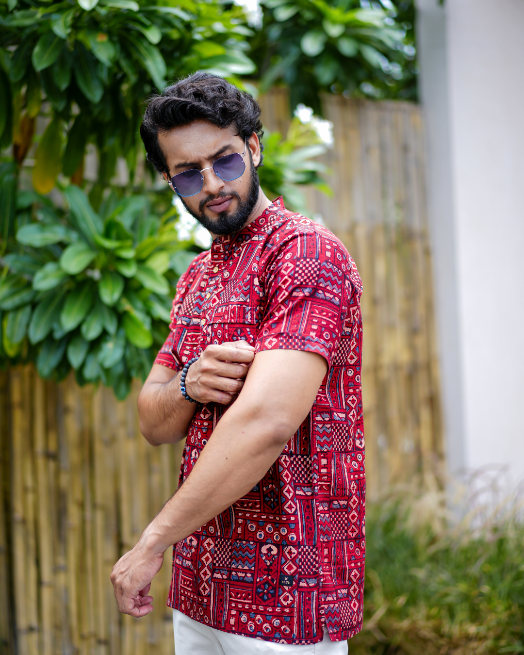 Red Ajrak Pure Cotton Bushirt for Men