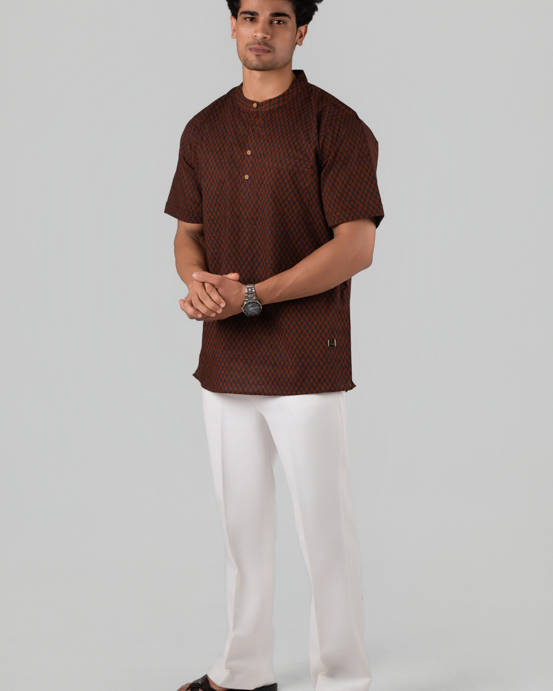 Tan Brown Abstract Printed Bushirt for Men