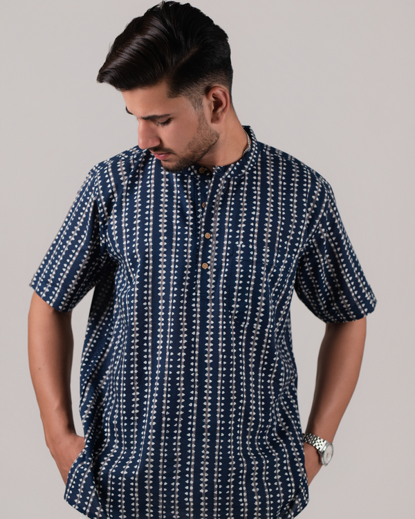 Deep Blue Stripes Batik Print Bushirt for Men