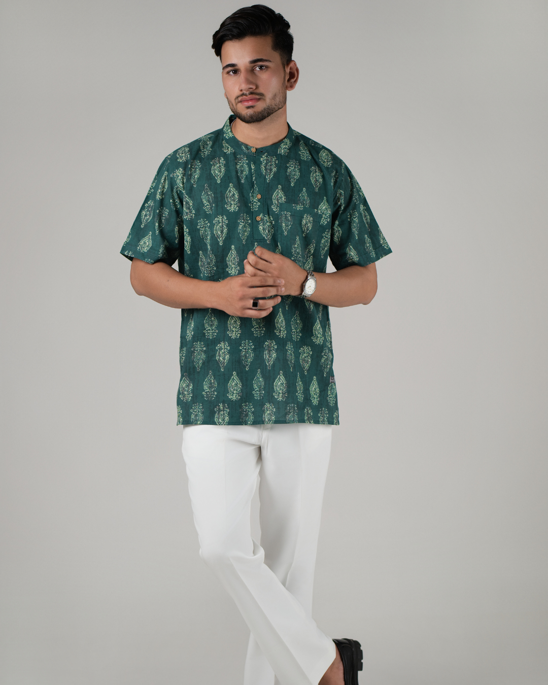 Teal Block Printed Bushirt for Men