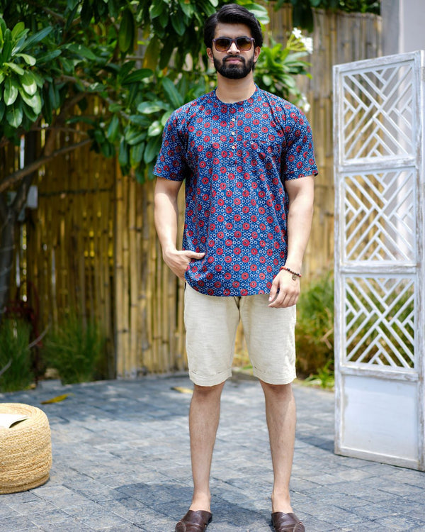 Blue Ajrak Pure Cotton Bushirt for Men