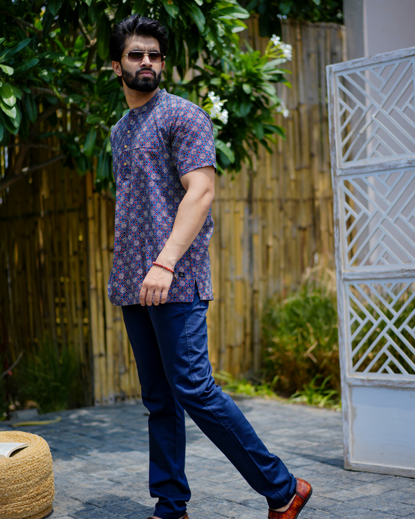 Blue Ajrak Pure Cotton Bushirt for Men
