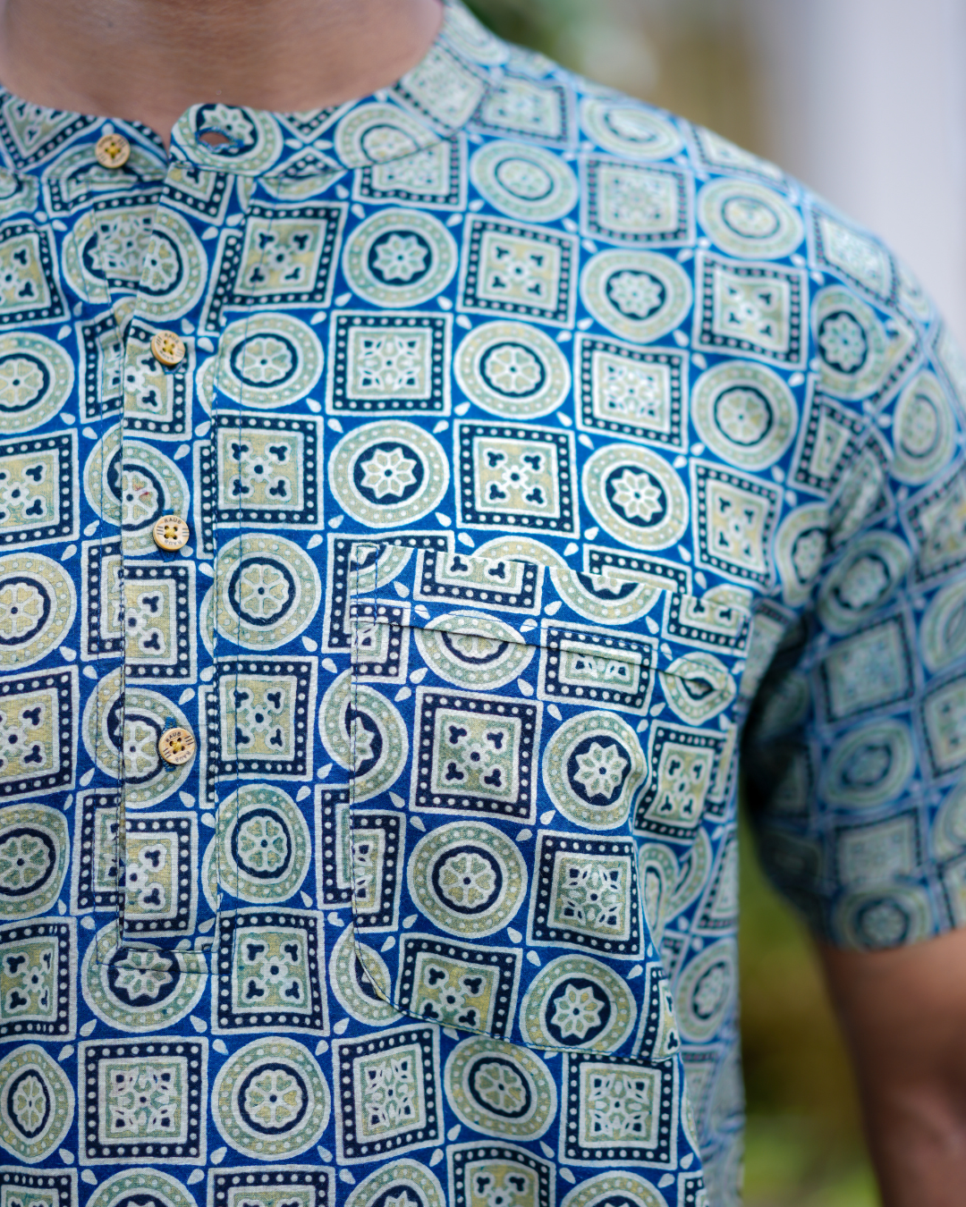 Blue Ajrak Pure Cotton Bushirt for Men