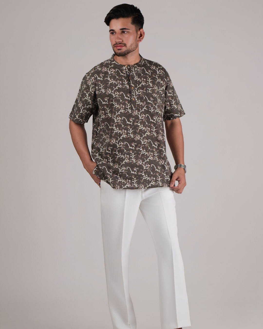 Taupe Kantha Printed Bushirt for Men