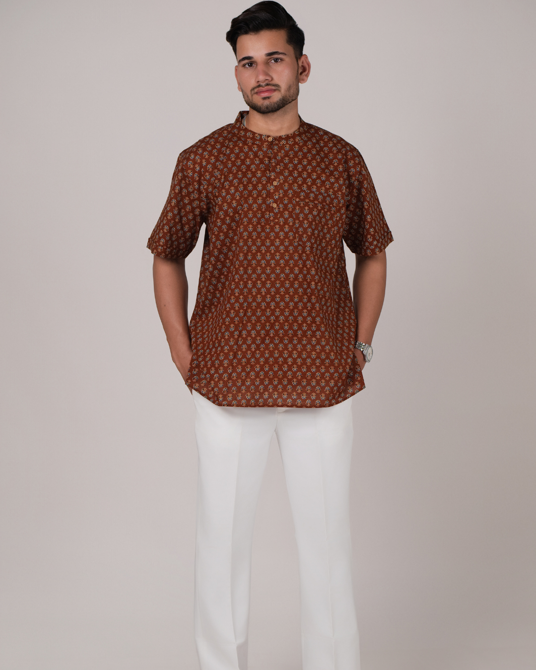 Caramel Brown Floral block Printed Bushirt for Men