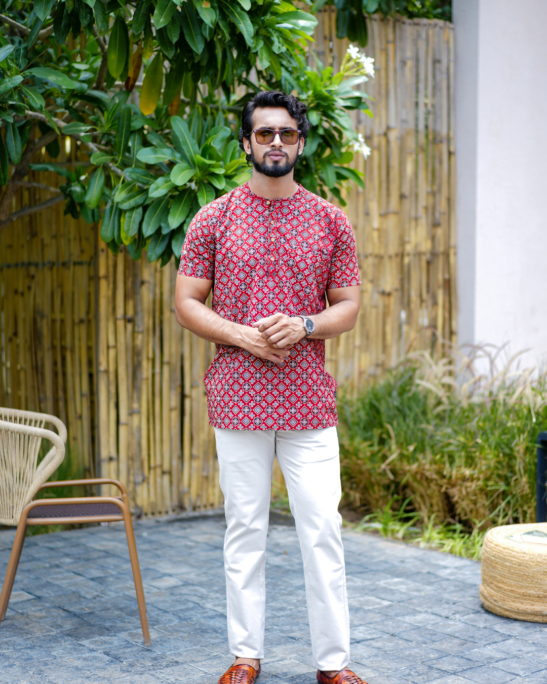 Red Ajrak Pure Cotton Bushirt for Men