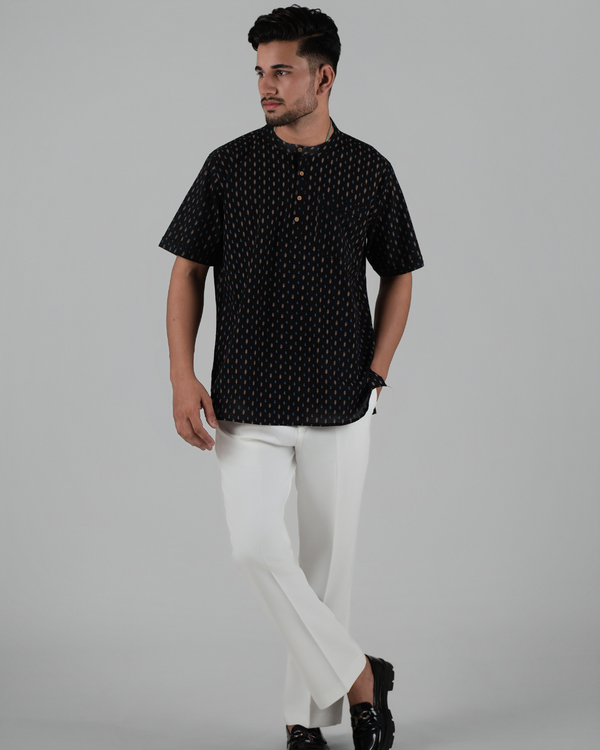 Deep Black Geometric Printed Bushirt for Men