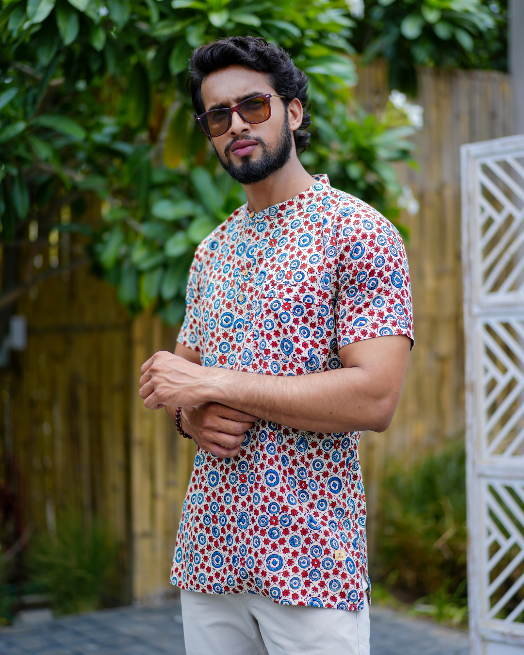 Beige Abstract Pure Cotton Bushirt for Men