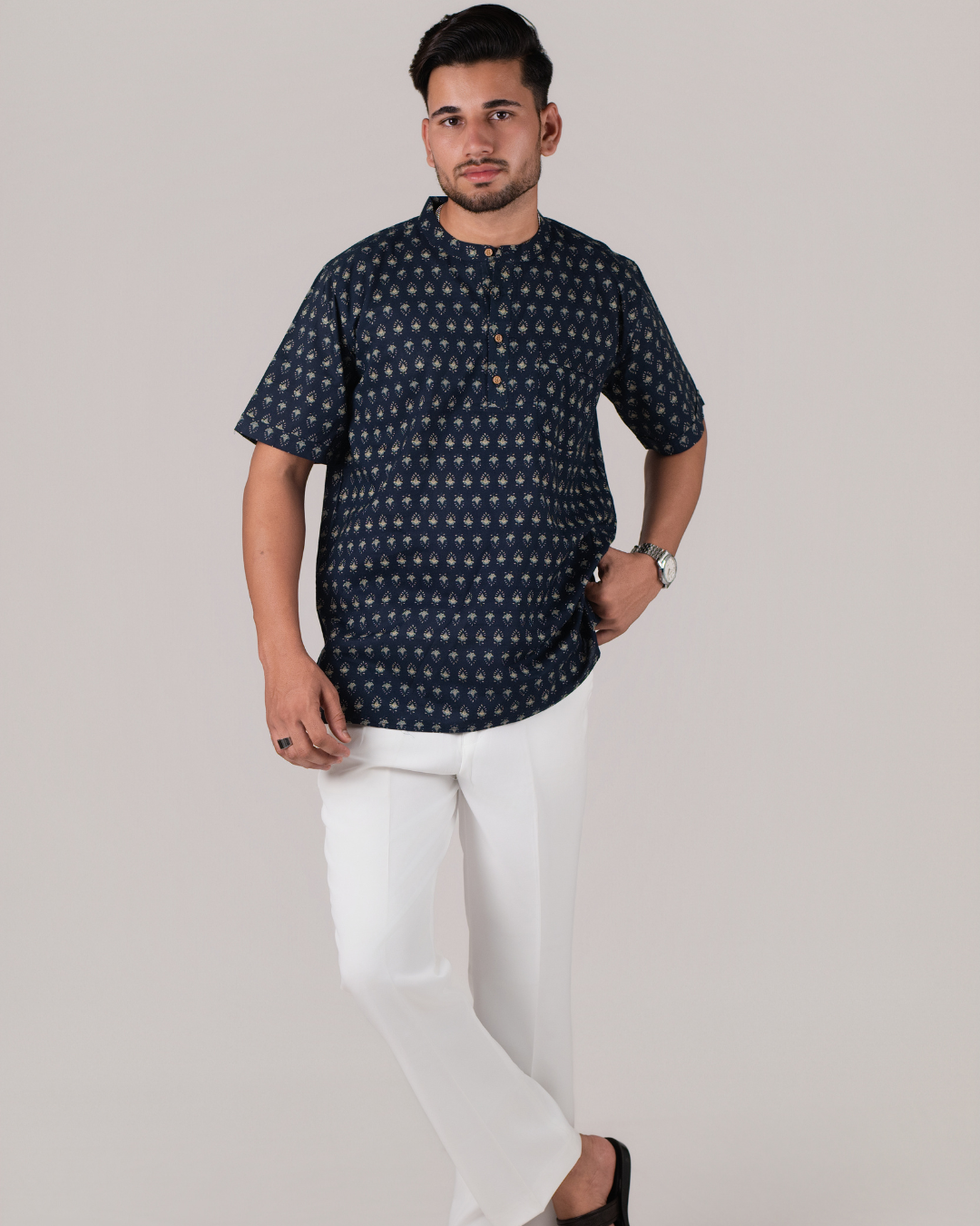 Midnight Blue Block Printed Bushirt for Men