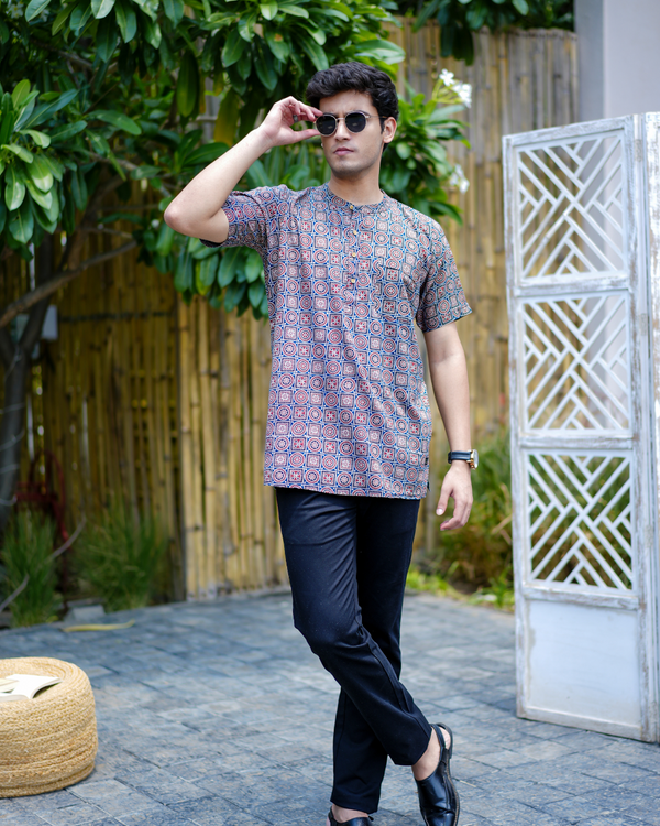Blue Ajrak Pure Cotton Bushirt for Men