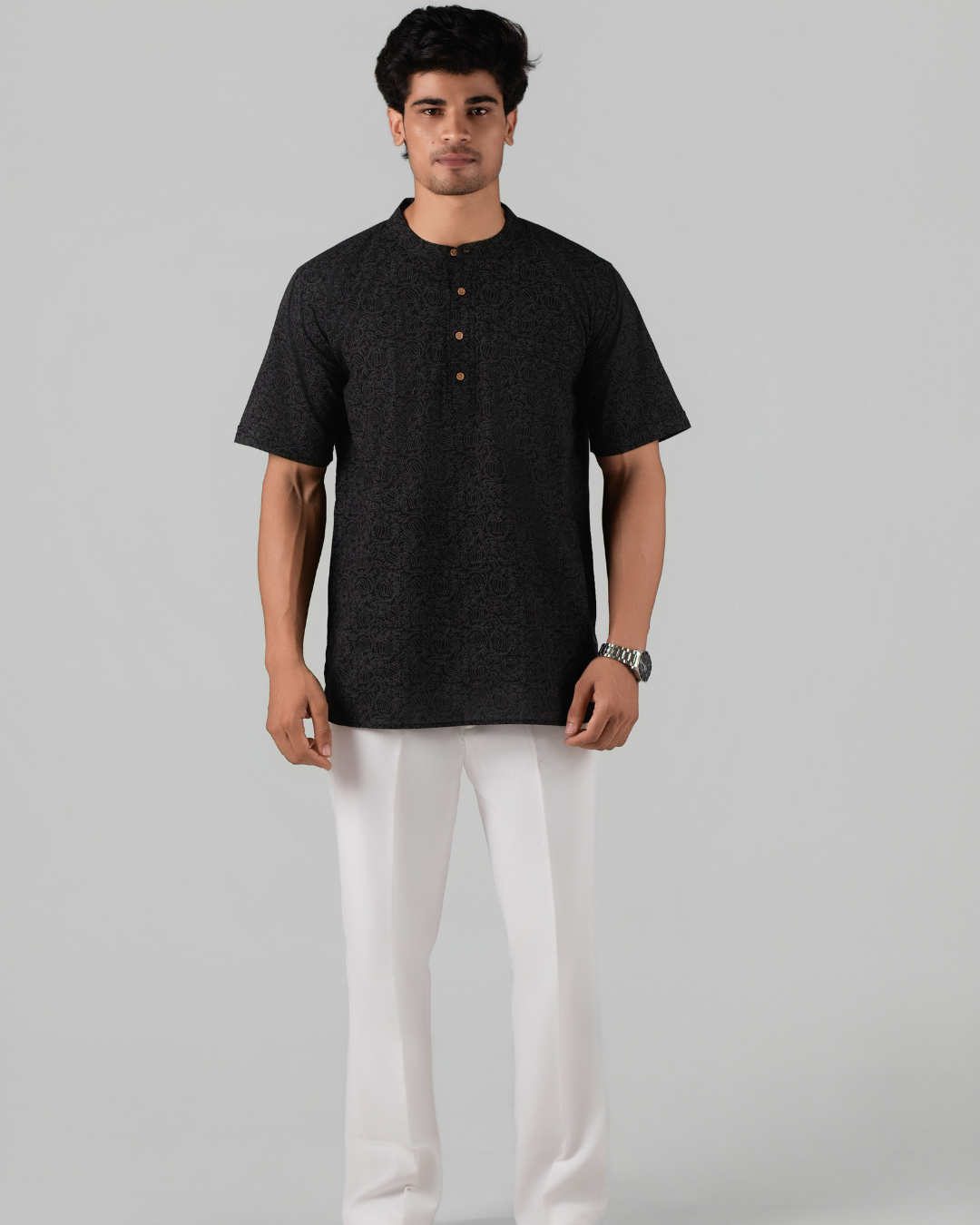 Noir Black Bloom Print Bushirt for Men