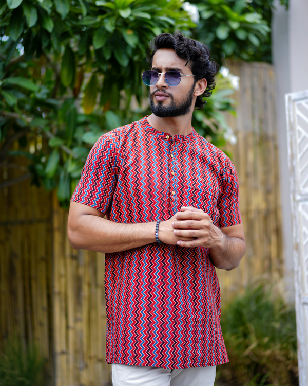 Red Abstract Pure Cotton Bushirt for Men