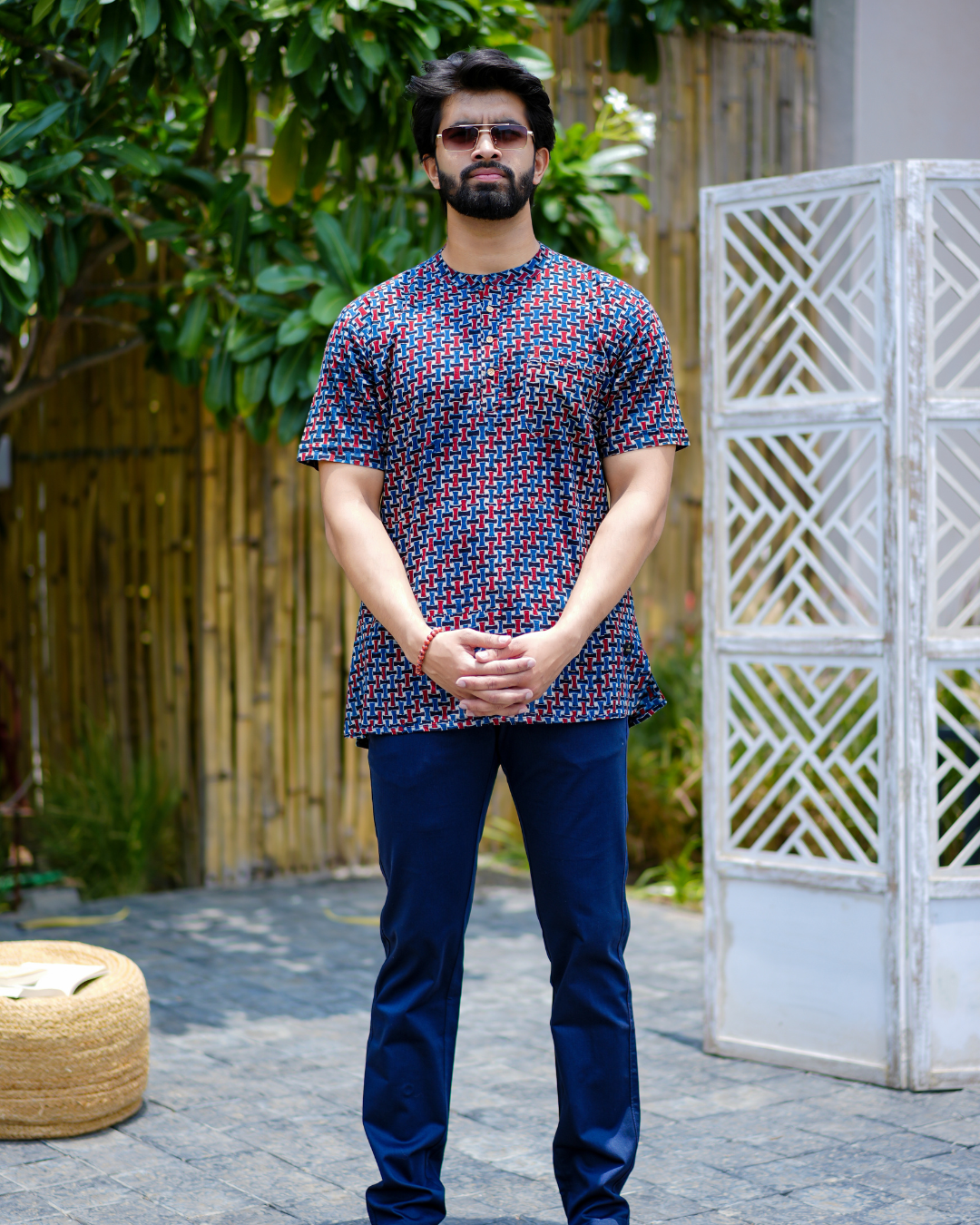 Blue Ajrak Pure Cotton Bushirt for Men