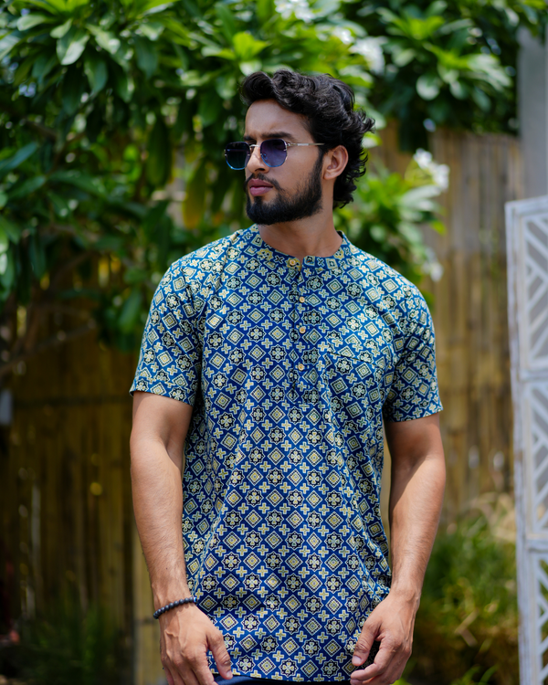 Blue Ajrak Pure Cotton Bushirt for Men