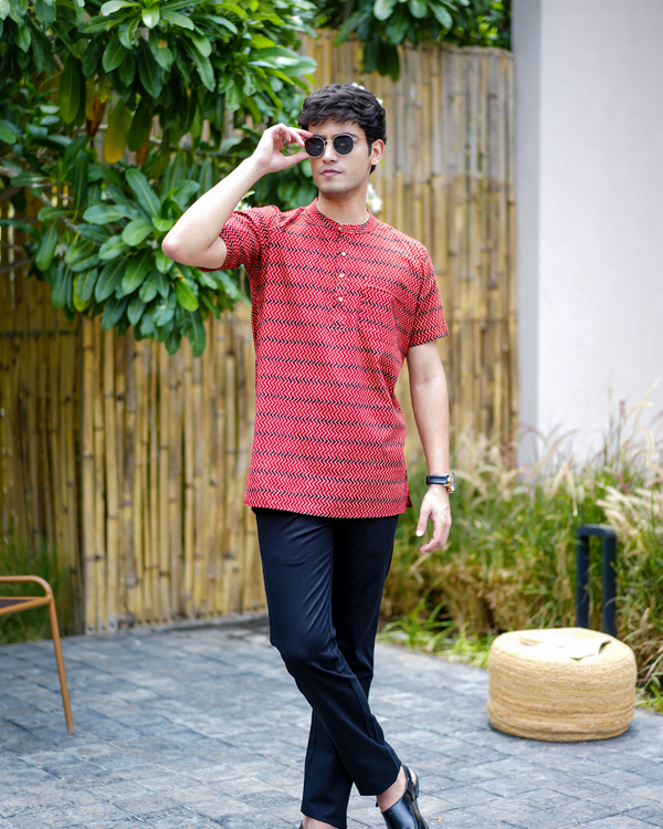 Red Abstract Pure Cotton Bushirt for Men