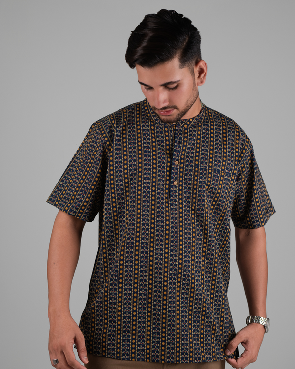 Navy Blue Paisley Printed Bushirt for Men