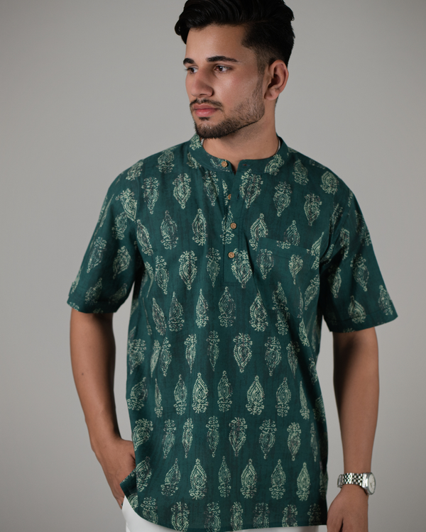 Teal Block Printed Bushirt for Men