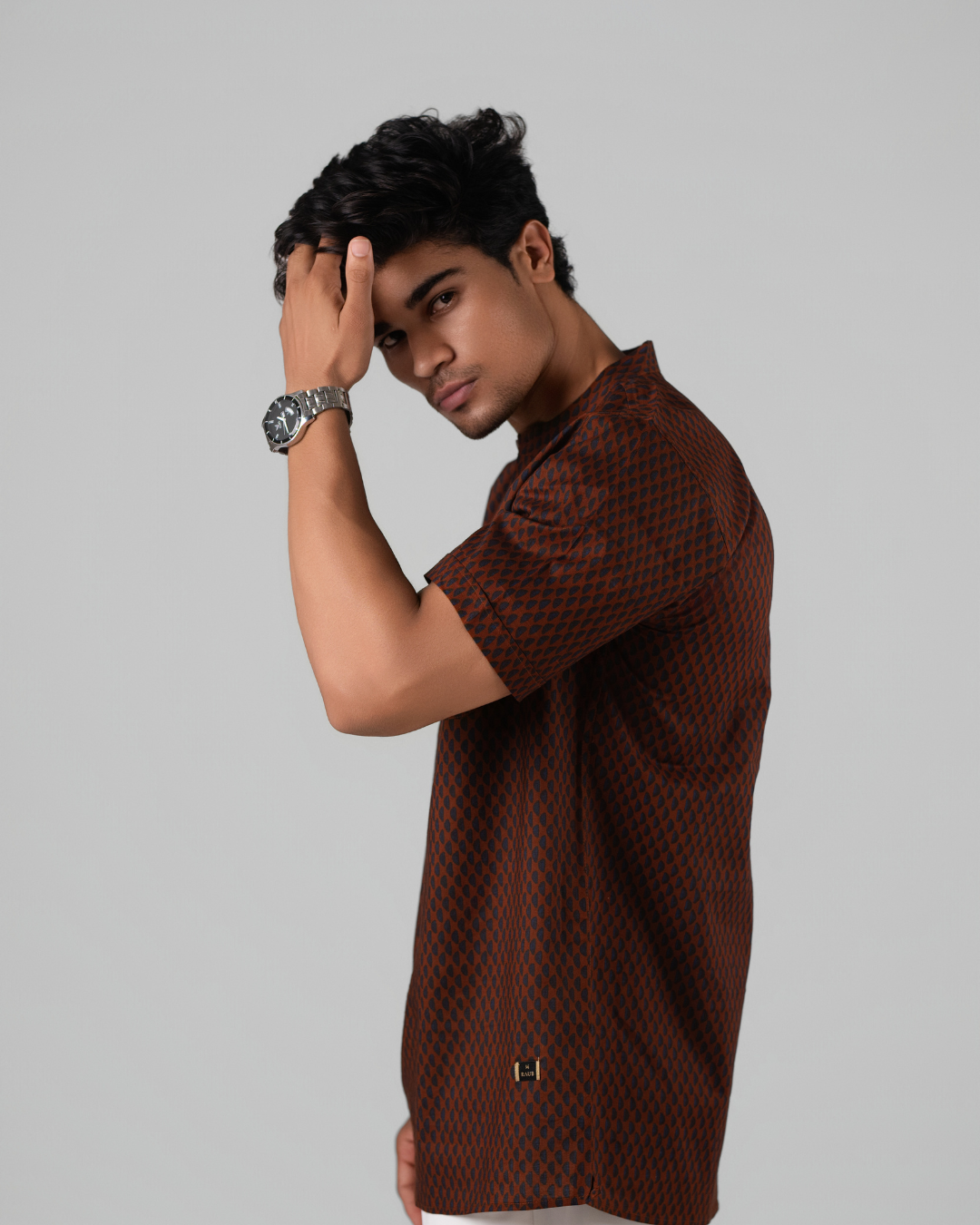 Tan Brown Abstract Printed Bushirt for Men