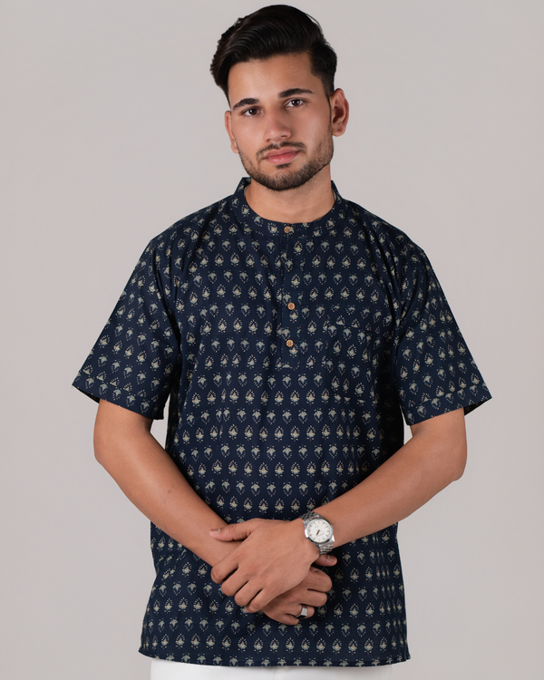 Midnight Blue Block Printed Bushirt for Men