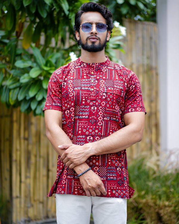 Red Ajrak Pure Cotton Bushirt for Men