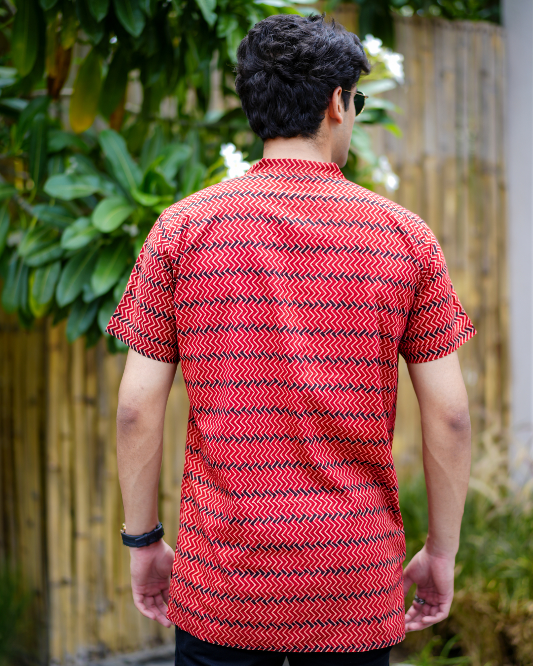 Red Abstract Pure Cotton Bushirt for Men
